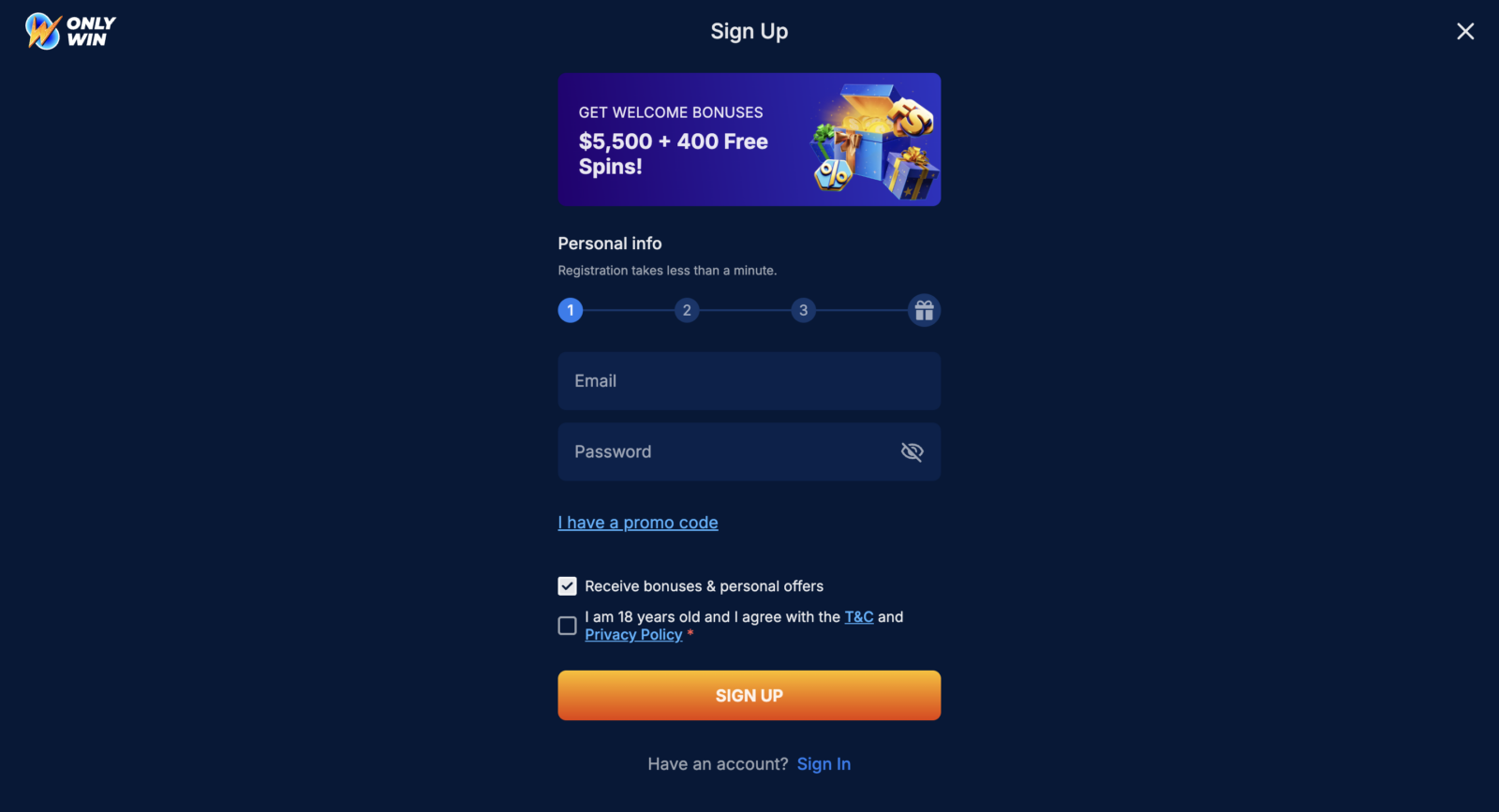 OnlyWin Casino Signup 1