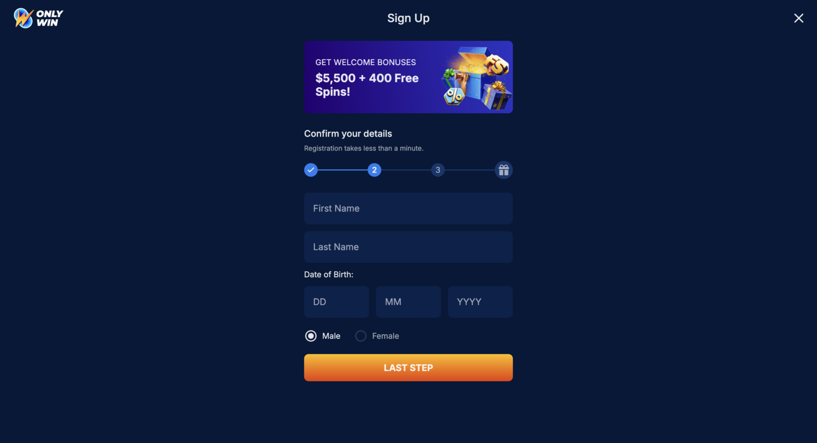 OnlyWin Casino Signup 2