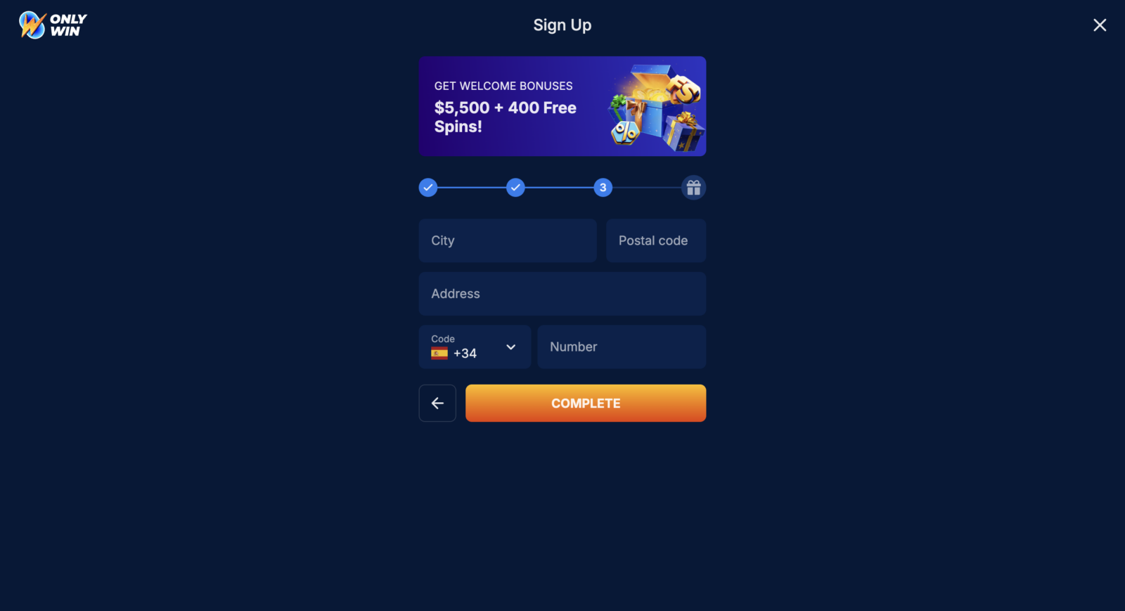 OnlyWin Casino Signup 3